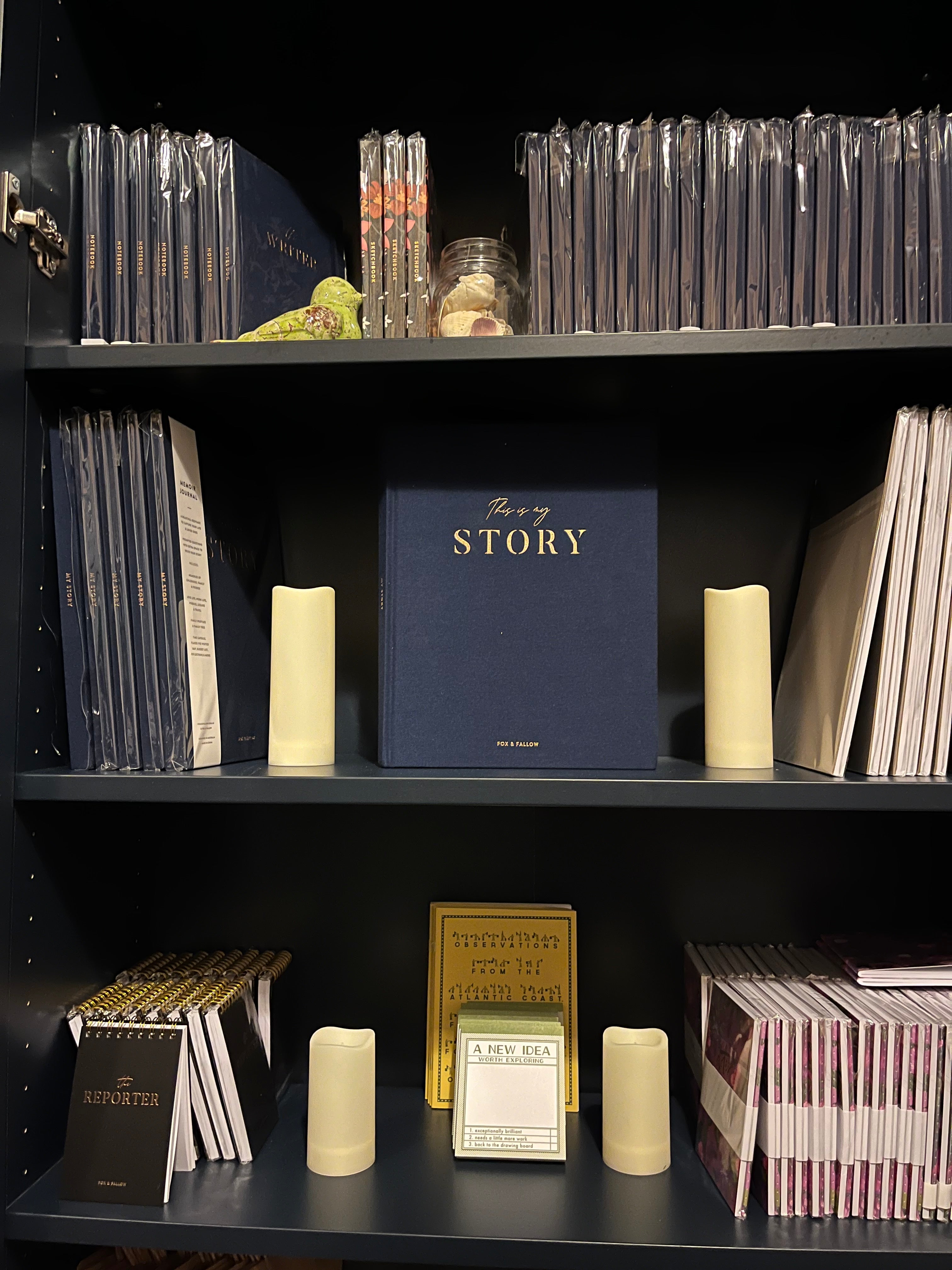 Books and notebooks arranged on bookshelf